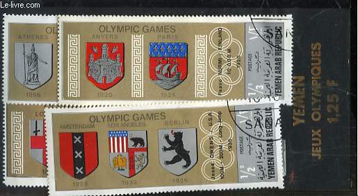 Pochette de 4 timbres-poste oblitrs, du Yemen. Srie Jeux Olympiques, Paris 1920.