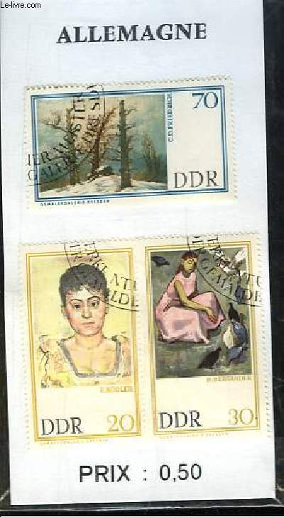 Pochette de 3 timbres-poste oblitrs, d'Allemagne. Rpublique Dmocrate. DDR : Hodler, Bergander. Friedrich C.D.