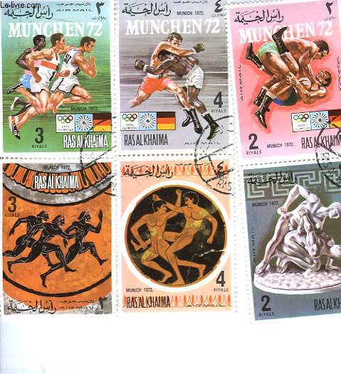 Pochette de 6 timbres-poste oblitrs, de Ras Al Khaima. Jeux Olympiques de Munich, 1972.