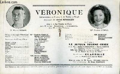 Programme Officiel du Grand Thtre de Bordeaux : Vronique. Opra-comique en 3 actes de Vanloo et Duval.