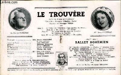 Programme Officiel du Grand Thtre de Bordeaux : Le Trouvre. Opra en 4 actes et 8 tableaux. Traduction par Emilien Pacini.