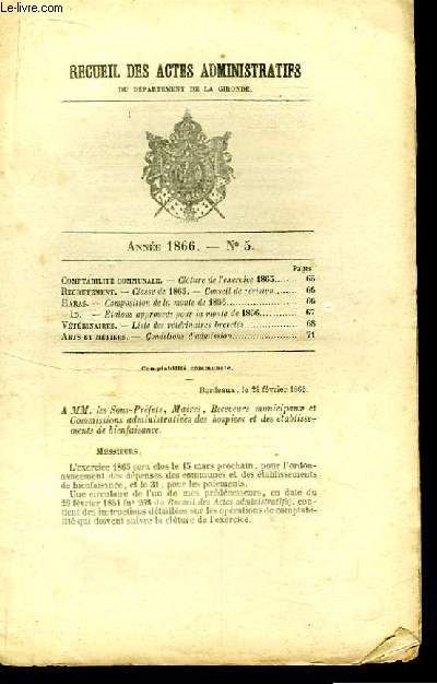 Recueil des Actes Administratifs, du Dpartement de la Gironde. N5 - Anne 1866 : Haras, composition de la monte de 1866