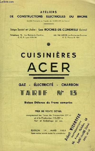 Brochure de Tarifs des Cuisinires Acer. Tarif N13