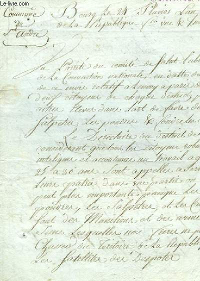 Lettre manuscrite originale de l'Administrateur du Directoire du District de Bourg. Sance du 24 Pluviose, Commune de Saint-Andr.