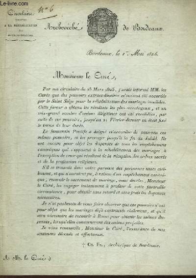 Lettre de l'Archevch de Bordeaux  M. Le Cur. Circulaire relative  la Rhabilitation des Mariages Invalides.