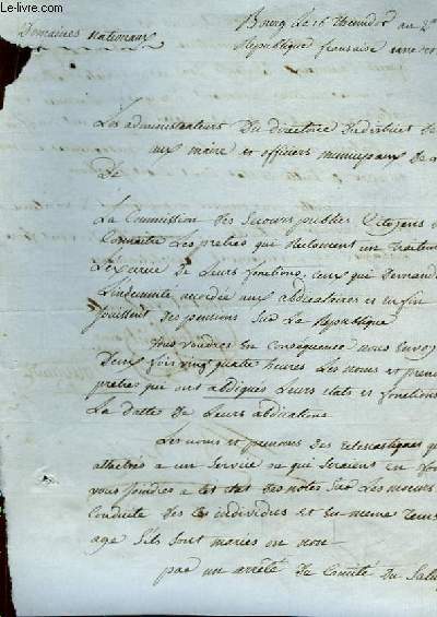 Lettre manuscrite des Administrateurs du Directoire de District de Bourg, adresse aux Maires & Officiers Municipaux de la Commune.