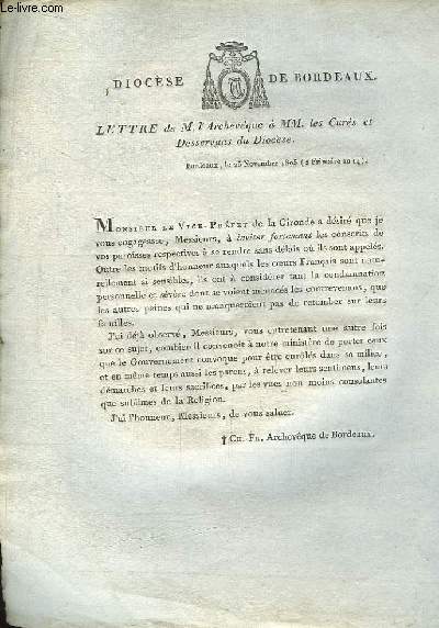 Lettre de M. L'Archevque adresse  MM. les Curs et Desservans du Diocse. Le 23 novembre 1805
