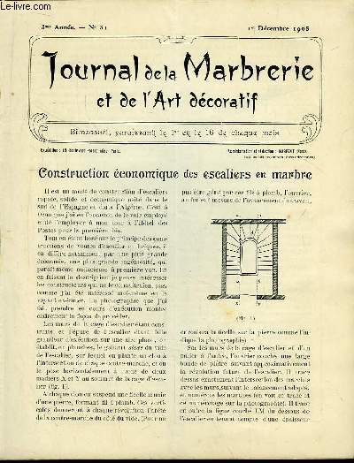 Journal de la Marbrerie et de l'Art dcoratif N 51 - 3me anne : Construction conomique des escaliers en marbre - Onyx Marbrier, les onyx de la province d'Oran.