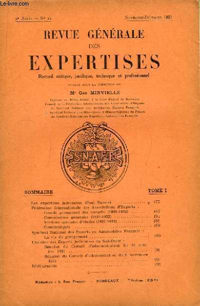 Revue Gnrale des Expertises. N12 - 2me anne : Les expertises judiciaires, par Paul Rener ..