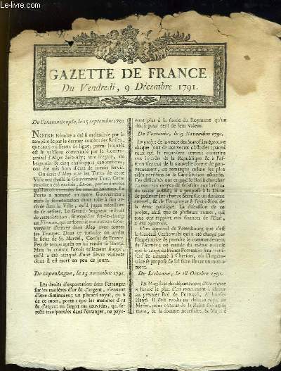 Gazette de France N97, du vendredi 9 dcembre 1791 : De Constantinople, le 15 septembre - De Lisbonne, le 18 octobre - De Naples, le 8 novembre ...