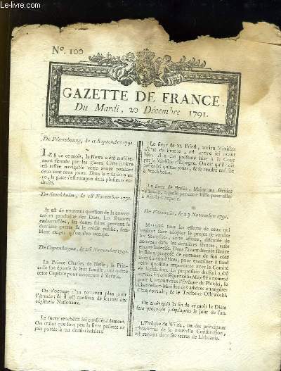 Gazette de France N100, du mardi 20 dcembre 1791 : De Ptersbourg, le 12 septembre - De Postdam, le 29 novembre - De Nuremberg, le 2 dcembre ...