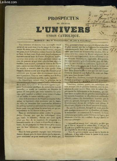 Prospectus du Journal L'Univers, Union Catholique.