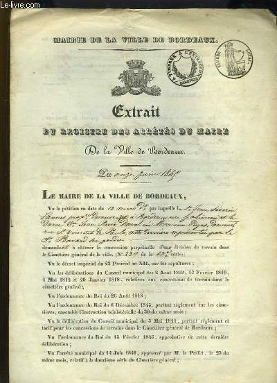Extrait du Registre des Arrts du Maire, de la Ville de Bordeaux, du 11 juin 1840