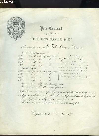 Feuille de Prix-Courant de Georges Sayer & cie. Eau-de-vie fine Champagne, Esprit de Cognac.