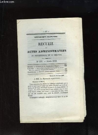 Recueil des Actes Administratifs, N193 : Victimes de la catastrophe d'Angers - Instructions complmentaires pour la fermeture des magasins illgalement ouverts.