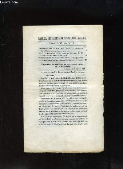 Recueil des Actes Administratifs N2 - 1853 : Indication par les mdecins des causes des dcs occasionns par des maladies ...