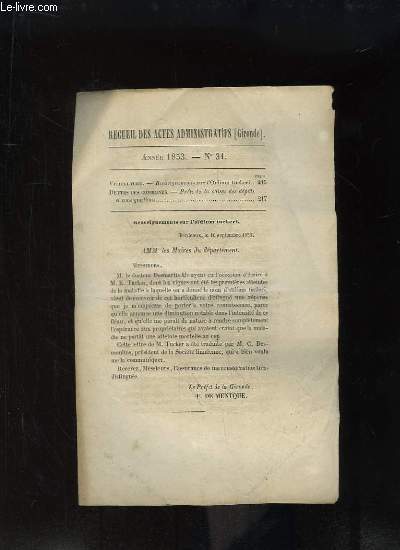Recueil des Actes Administratifs N31 - 1853 : Renseignements sur l'Odium tuckeri ...