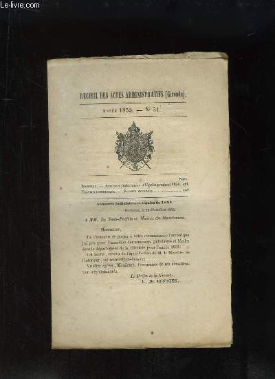 Recueil des Actes Administratifs N51 - 1853 : Annonces judiciaires et lgales pendant 1854 ...