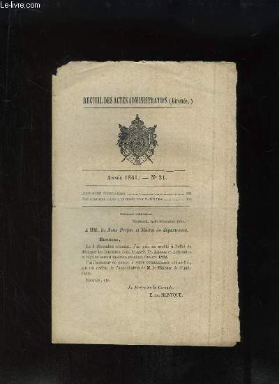 Recueil des Actes Administratifs N31 - 1861 : Annonces Judiciaires - Recherches dans l'intrt des familles.