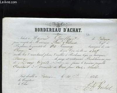 Bordereau d'Achat de 30 tonneaux de Vin Rouge de cru rcolt en 1845