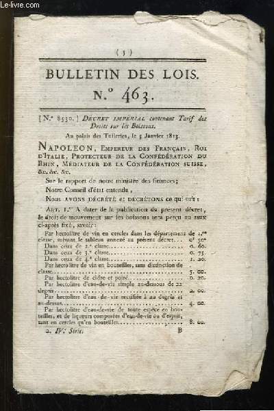 Bulletin des Lois N463 : Dcret Imprial contenant Tarif des Droits sur les Boissons.
