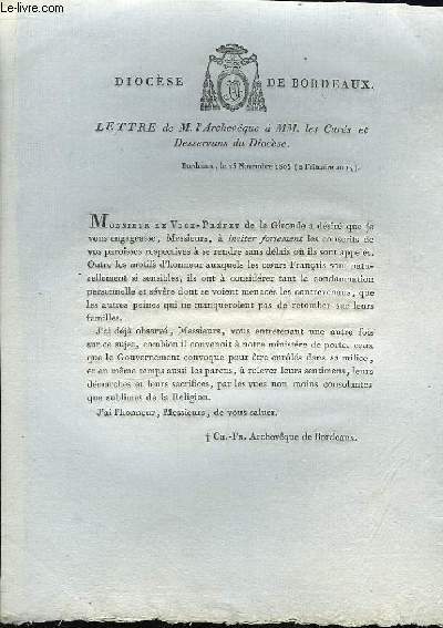 Lettre de M. L'Archevque  MM. les Curs et Desservans du Diocse.