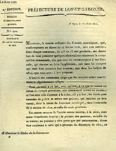 1 lettre imprime N270. Session des Conseils Municipaux 1813