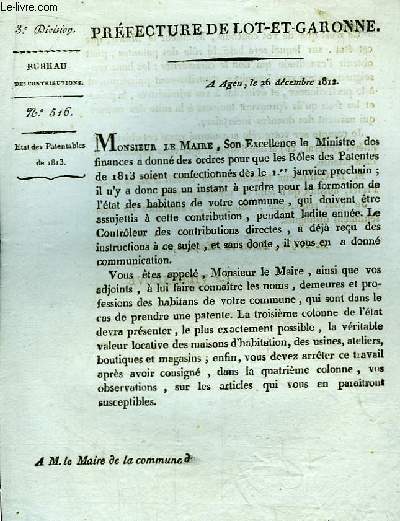 1 lettre imprime N516. Etat des Patentables de 1813