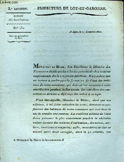 1 lettre imprime N230 : Etat des Patentables de 1812