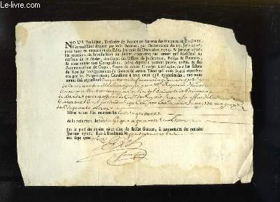 Quittance de finance du 9 janvier 1713 signe B. paye par MR. Raymond N., Conseiller du Roy, Lieutenant Civil au sige particulier de l'Amiraut de Bordeaux.