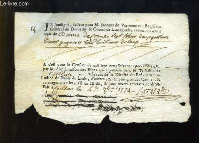 Reu, fait pour M. Jacques de Vermounet, Rgisseur Gnral du Domaine & Comt de Lauraguais. Fait  Caillau en 1774