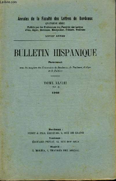 Bulletin Hispanique. TOME XLVIII - N3 : Inventaire estimatif du 