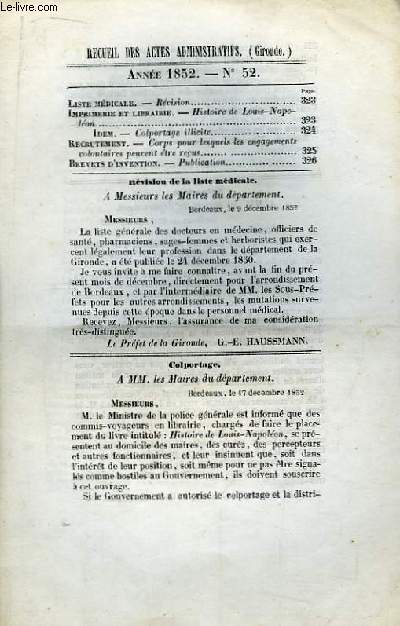 Recueil des Actes Administratifs N52 - 1852 : Colportage illicite. Histoire de Louis-Napolon ...