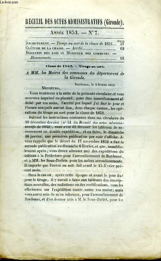 Recueil des Actes Administratifs de Gironde - N7 - Anne 1853 : Arrt de la Clture de la Chasse ...