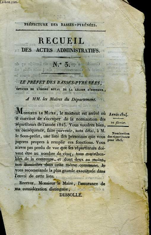 Recueil des Actes Administratifs N3, du 22 fvrier 1824. Nominations des rpartiteurs pour 1825.