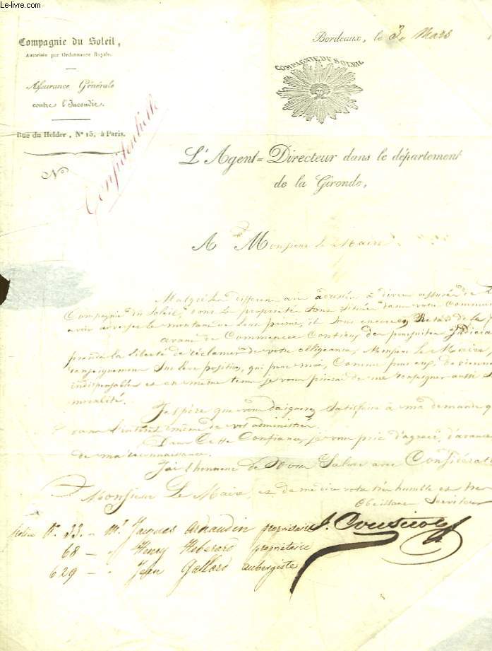 Lettre manuscrite du Directeur de la Compagnie du Soleil ( Assurance Gnrale contre l'Incendie ) - Demande de Renseignements.