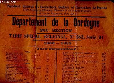 Feuille de tarif spcial rgional, n483, Srie 91 - 221e section - Dpartement de la Dordogne. 1932 - 1933
