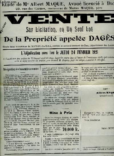 Affiche de la Vente sur Licitation, de la proprit appele Dags, situe dans la commune de St-Paul-les-Dax.