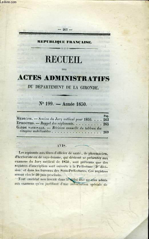 Recueil des Actes Administratifs du Dpartement de la Gironde N199 - Anne 1850