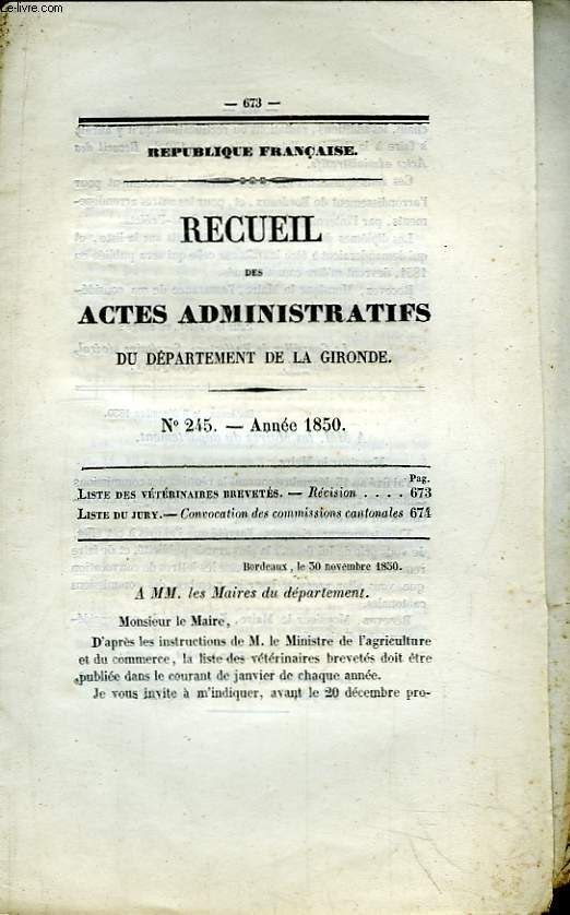 Recueil des Actes Administratifs du Dpartement de la Gironde N245 - 1850 :