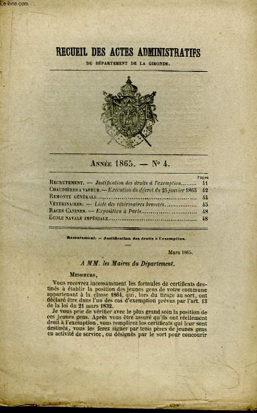 Recueil des Actes Administratifs du Dpartement de la Gironde N4 - Anne 1865