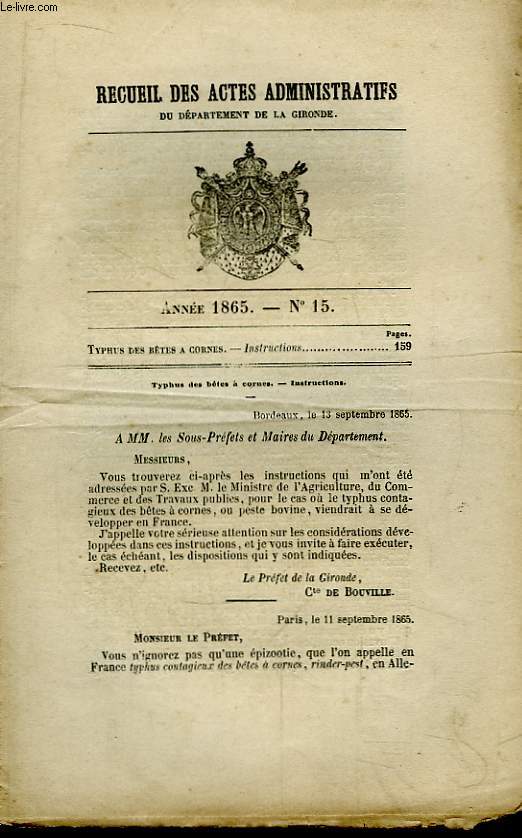 Recueil des Actes Administratifs du Dpartement de la Gironde N15 - Anne 1865 :