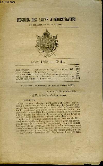 Recueil des Actes Administratifs du Dpartement de la Gironde N21 - Anne 1865