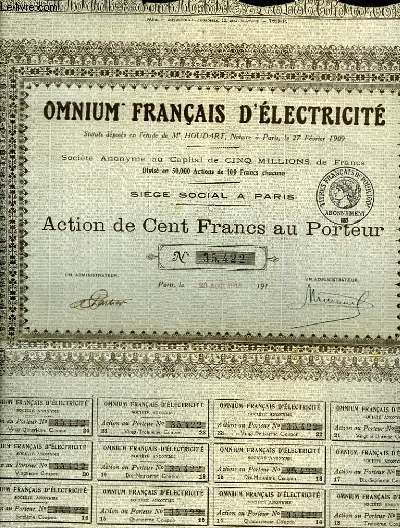 1 ACTION DE CENT FRANCS AU PORTEUR - Omnium Franais d'Electricit.