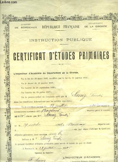 Instruction Publique. Certificat d'Etudes Primaires dlivr  M. Faustin S. le 28 juillet 1920