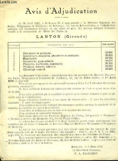 Une affichette d'un Avis d'Adjudication,  Lanton, le 30 avril 1942
