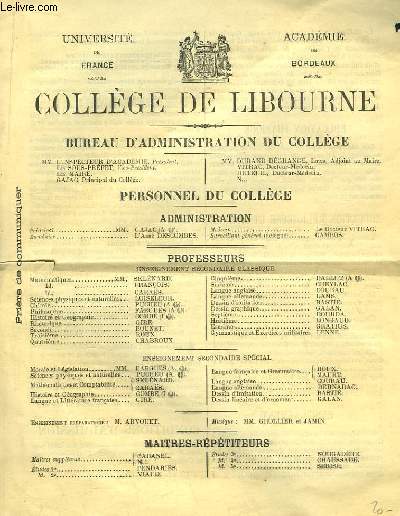 Document de prsentation du Collge de Libourne, le 20 aot 1890.