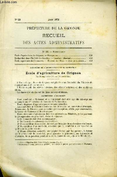 Recueil des Actes Administratifs de la Prfecture de la Gironde N22 - Juin 1872 : Lambert (Simon) - Ecole d'Agriculture de Grignon ...