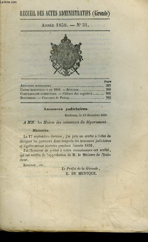 Recueil des Actes Administratifs du Dpartement de la Gironde N31 - Anne 1858 : Boucherie, Concours de Poissy.