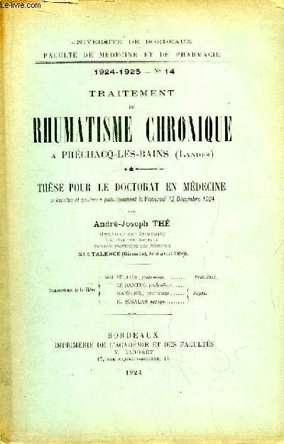 Traitement du Rhumatisme Chronique  Prchacq-Les-Bains (Landes). Thse pour le Doctorat en Mdecine N14